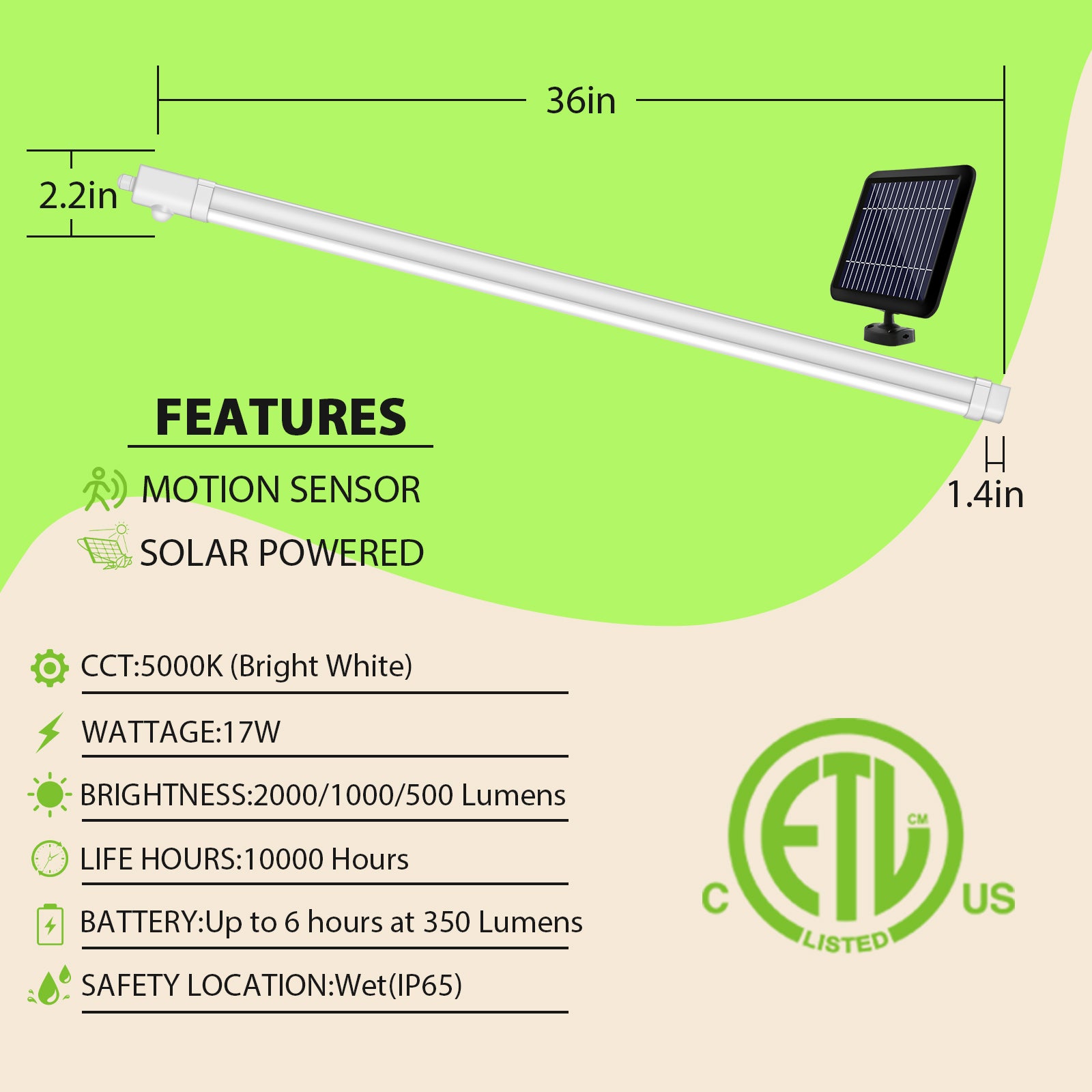 17W Solar Powered LED Shop Light, Motion Sensor, 5000K, IP65 Grade