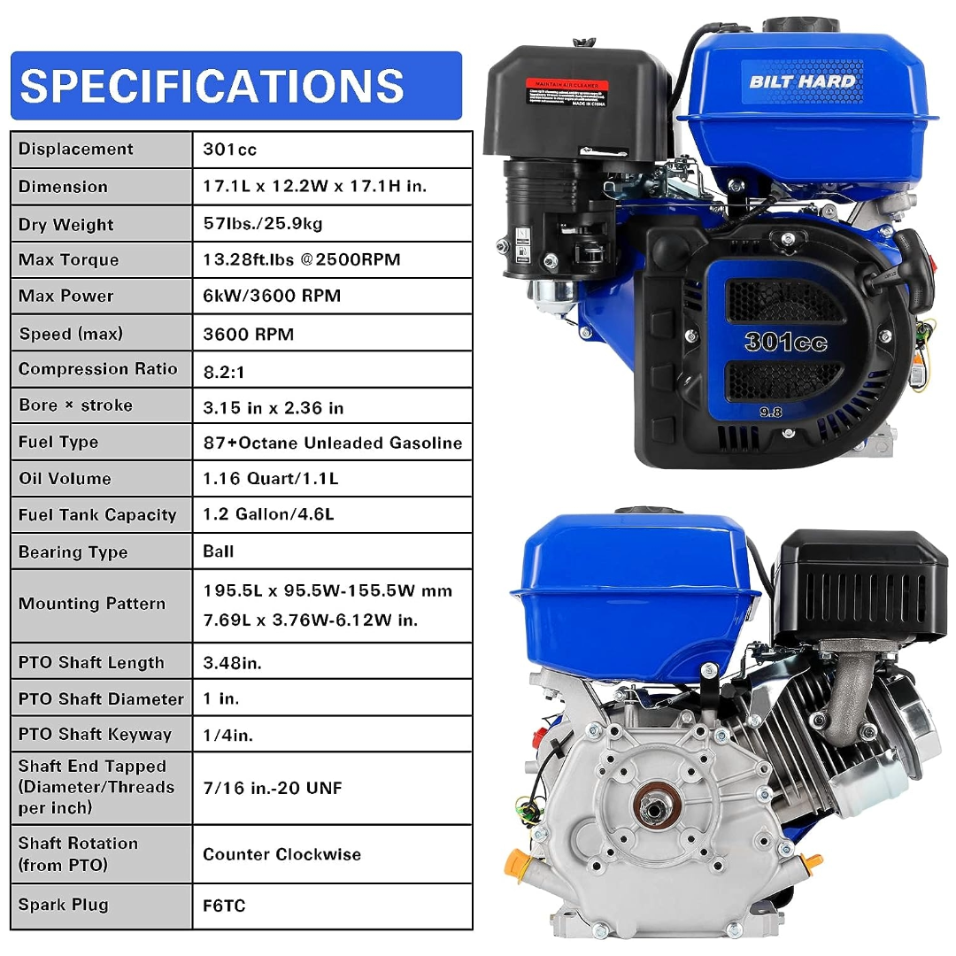  BILT HARD Gas Engine Vertical Shaft, 173cc 4.4 HP 4