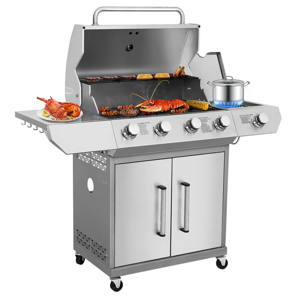 Hykolity 4-Burner Propane Gas Grill, 60,000 BTU, Stainless Steel with Built-in Thermometer & Side Burner – Ideal for Outdoor Cooking, Patios, and Backyard BBQs