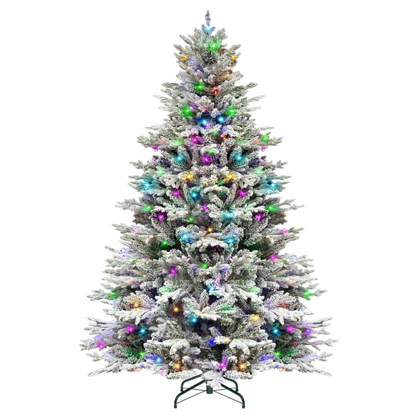 Hykolity 6.5'/7.5' Premium Prelit Snow Flocked Christmas Tree with 11 Modes LED Lights, Branch Tips, Metal Stand and Hinged Branches