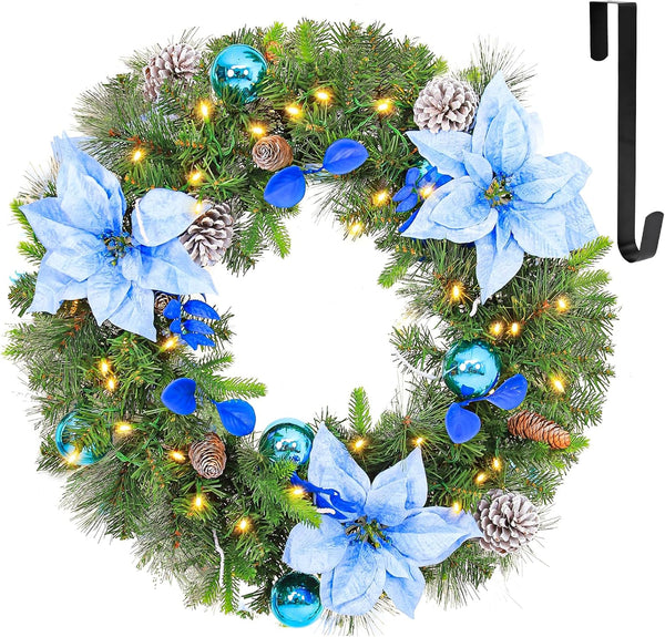 24'' Pre-Lit Artificial Christmas Wreath with 50 Warm White LED Lights, 100 PE Branch Tips, Lighted Battery Operated Christmas Wreath with Flowers & Ball Ornaments, Hanger Included, Blue