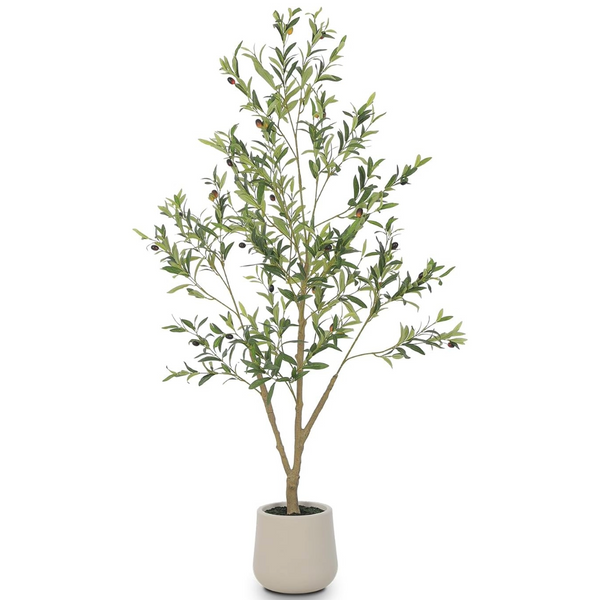 VIVATREES Artificial Olive Tree Tall Faux Silk Tree with White Tall Planter, with Natural Wood Trunk and Lifelike Fruits