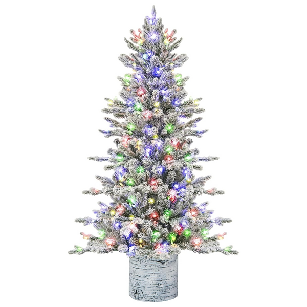 Hykolity 4.5 ft Prelit Snow Flocked Potted Christmas Tree, Artificial Christmas Tree with 150 Multicolor LED Lights, 621 PE & PVC Branch Tips, Sturdy Potted Stand, 10 Color Modes