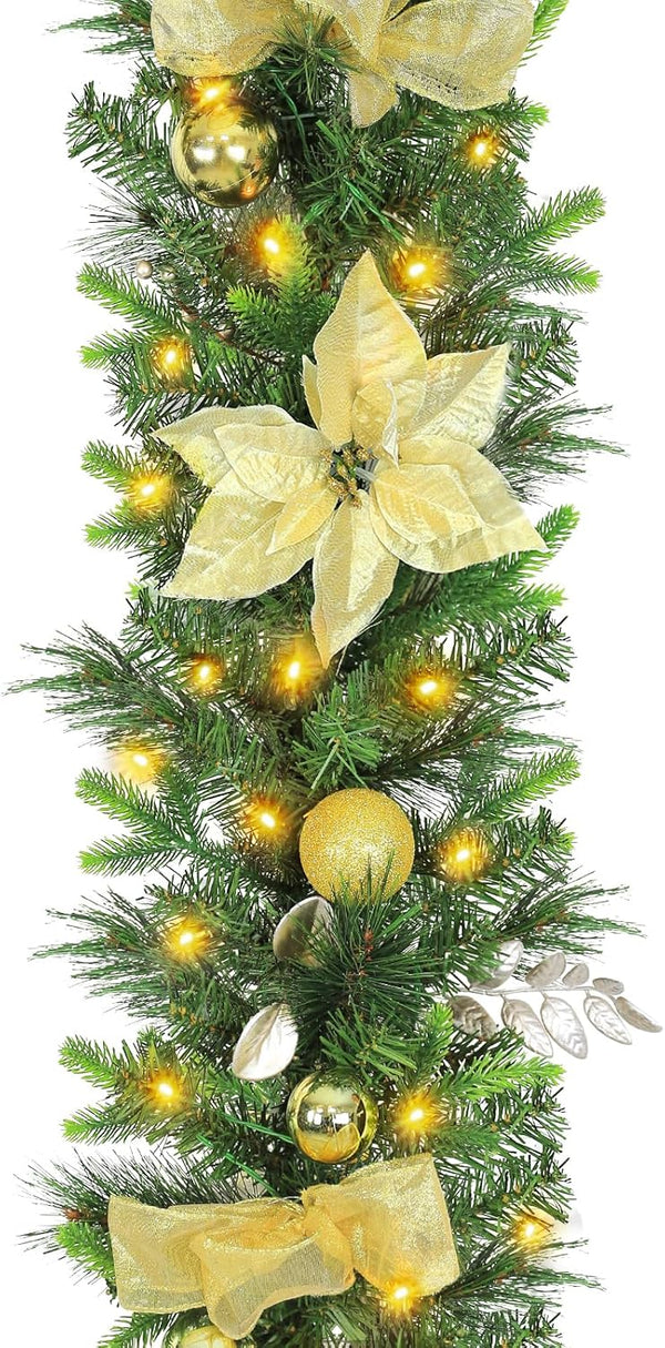 9' Pre-lit Christmas Garland with 50 Warm White Lights, 160 PE Branch Tips, Lighted Battery Operated Artificial Christmas Garland with Poinsettia and Gold Balls for Mantle, Champagne