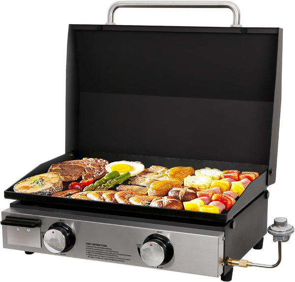 Hykolity 22 in Portable Tabletop Griddle with Hood, 24,000 BTU Heavy Duty Propane Gas Griddle Grill, Non-Stick Flat Top Caming Griddle with Stainless Steel Front Plate for Outdoor, Cooking, Tailgating