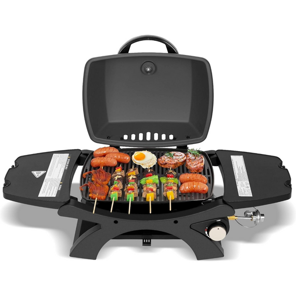 Hykolity 12,000 BTU Portable Tabletop Propane Gas Grill, Outdoor BBQ Grill with Built-in Thermometer, Black Camping Grill with Removable Side Tables for Outdoor Cooking, Tailgating