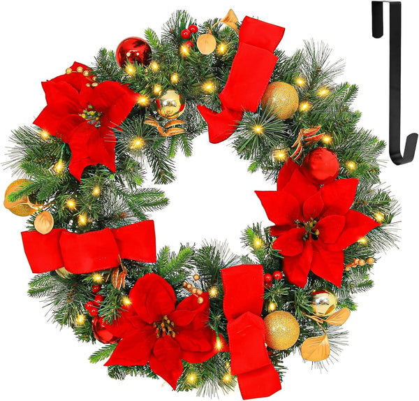 24'' Pre-Lit Artificial Christmas Wreath with 50 Warm White LED Lights, 100 PE Branch Tips, Battery Operated Christmas Wreath with Poinsettias and Ball Ornaments, Hanger Included, Red