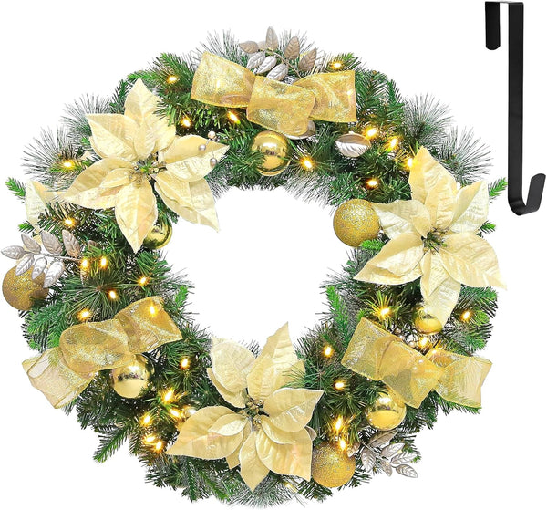 24'' Pre-Lit Artificial Christmas Wreath with 50 Warm White LED Lights, 100 PE Branch Tips, Lighted Battery Operated Wreath with Poinsettia Flowers & Gold Balls, Hanger Included, Champagne