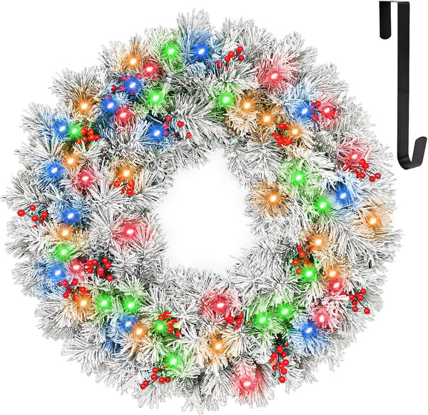 30'' Pre-lit Snow Flocked Artificial Christmas Wreath with 100 Multicolor LED Lights, 141 Tips, Frosted Wintry Pine Wreath with Timer & Hanger, Pine Cones, Berry Clusters, Battery Operated