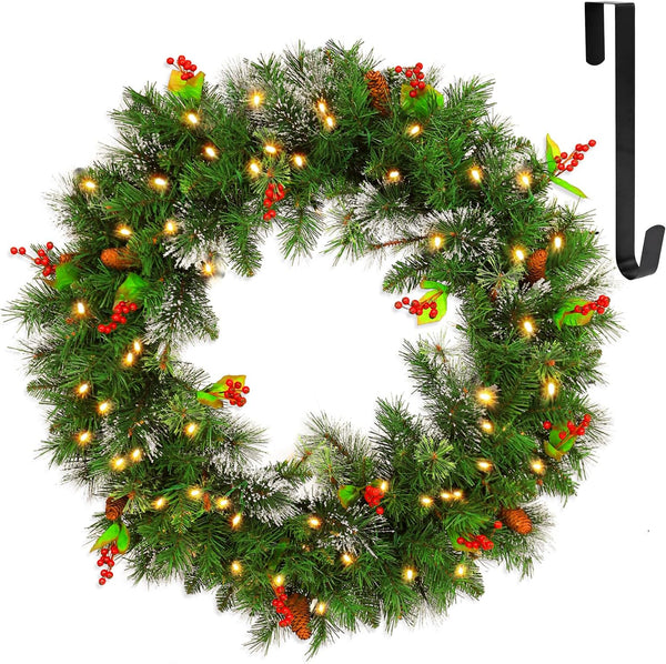 30'' Pre-Lit Christmas Wreath Wintry Pine with 100 Warm White LED Lights, 223 Branch Tips, Artificial Wreath with Timer & Hanger, Adorned with Pinecones & Red Berries, Battery Operated