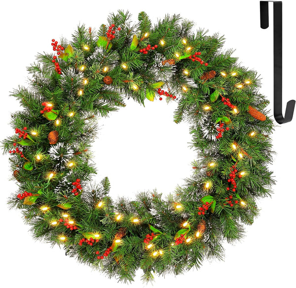 36'' Pre-Lit Christmas Wreath Wintry Pine with 150 Warm White LED Lights, 289 Branch Tips, Artificial Battery Operated Wreath with Timer, Pinecones & Red Berries, Hanger Included