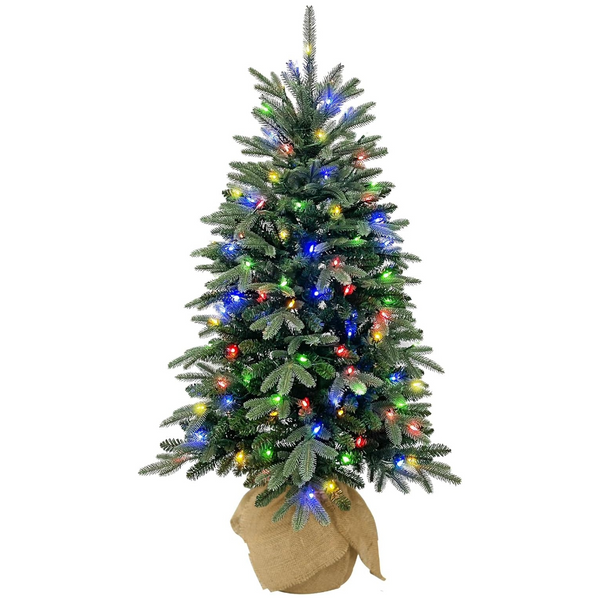 Hykolity 4 ft Prelit Christmas Tree with 150 Color Changing LED Lights, Artificial Decorated Burlap Christmas Tree with 643 PE & PVC Branch Tips, 10 Color Modes