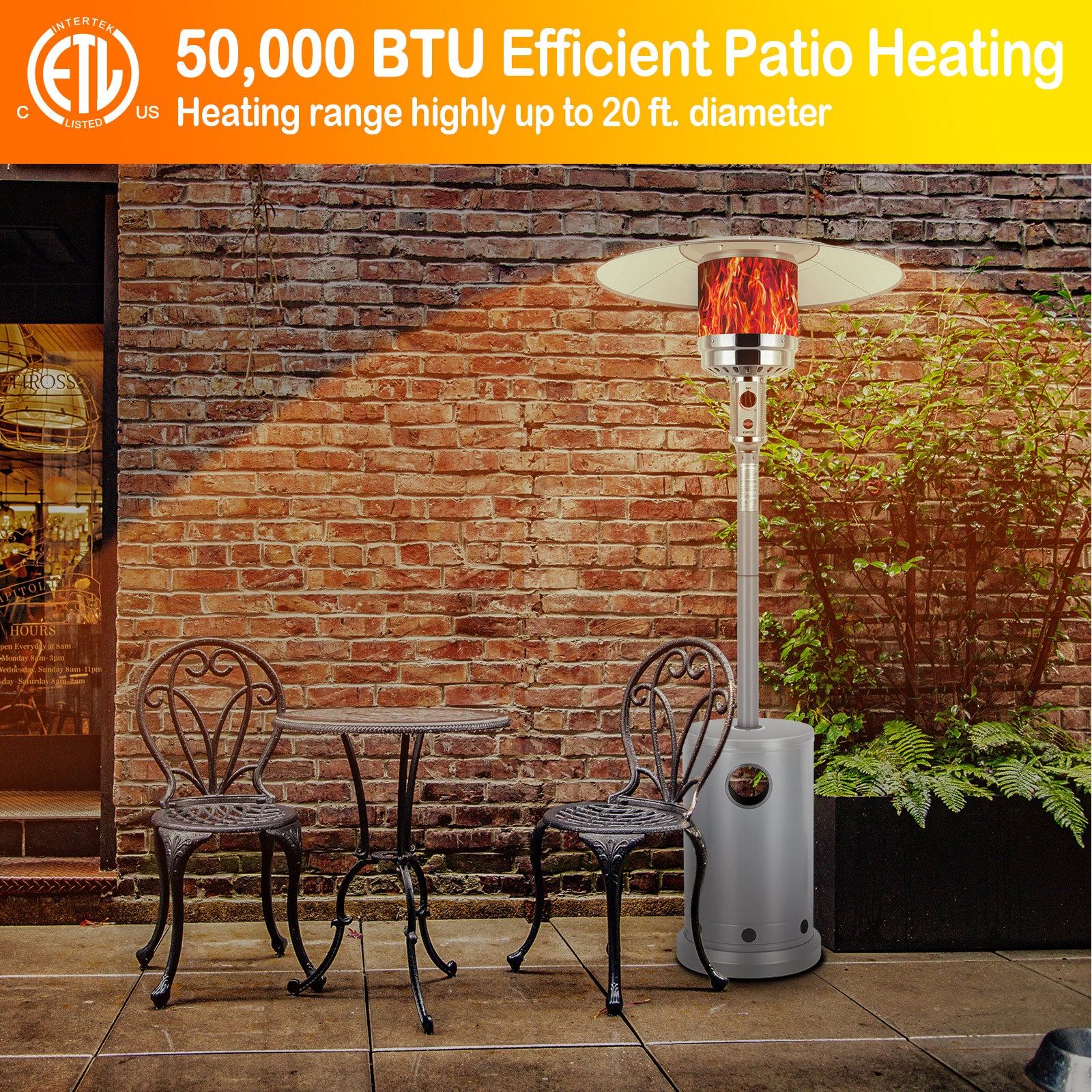 Hykolity 50,000 BTU Patio Heater with Sand Box, Table Design, Double-Layer Stainless Steel Burner, Wheels, Tip-over Protection System, Outdoor Heater for Home and Residential, Silver