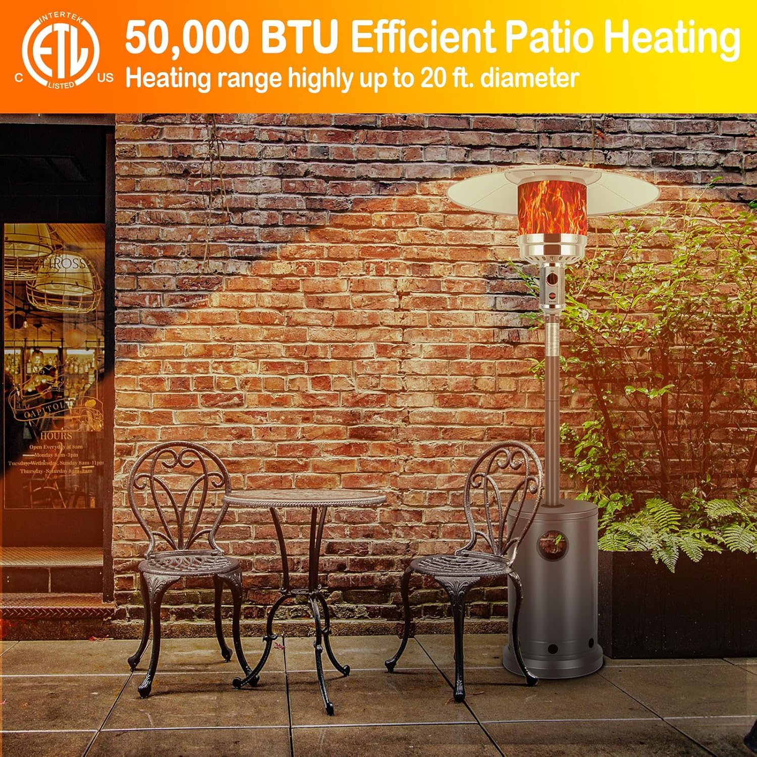 Hykolity 50,000 BTU Patio Heater with Sand Box, Table Design, Double-Layer Stainless Steel Burner, Wheels, Tip-over Protection System, Outdoor Heater for Home and Residential, Bronze