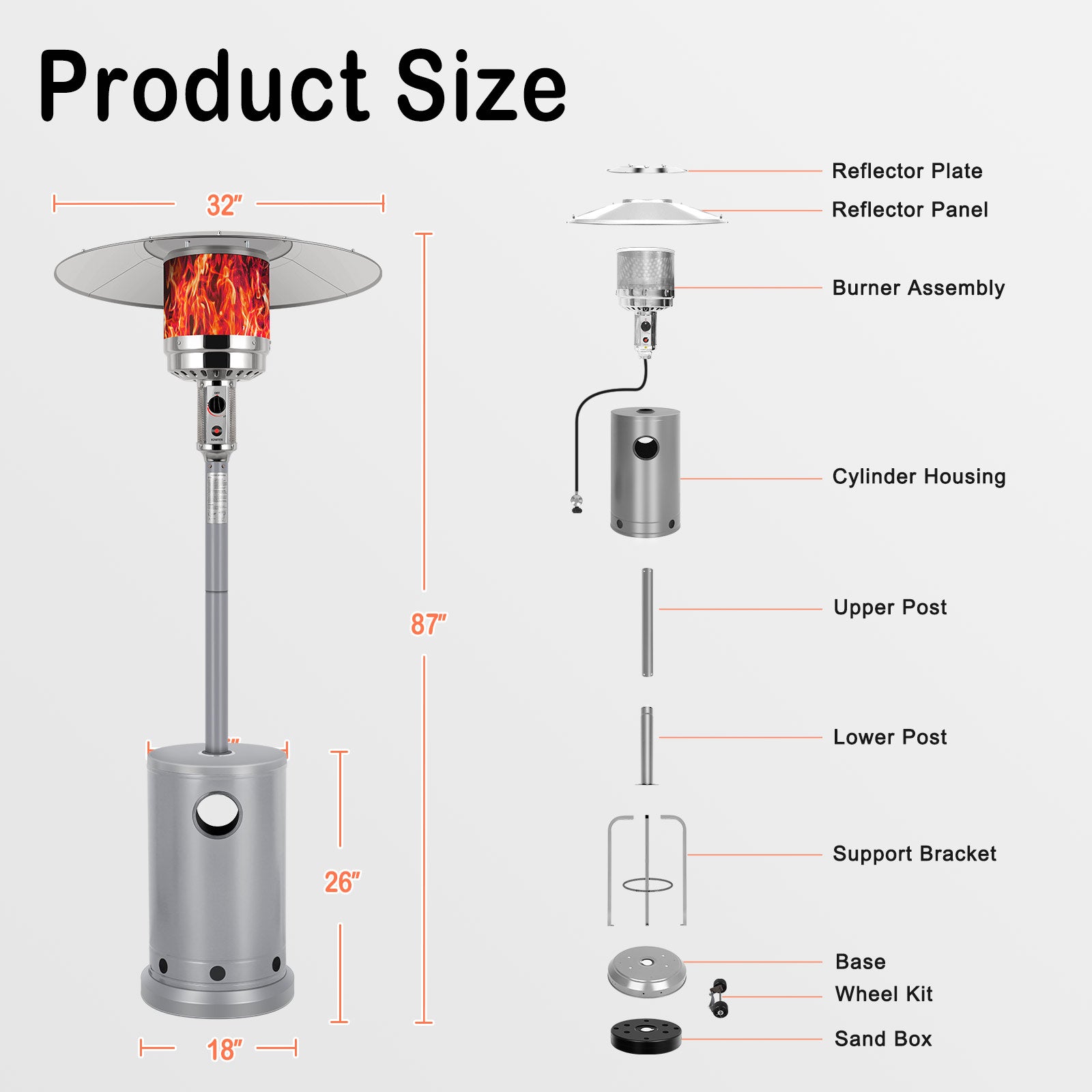 Hykolity 50,000 BTU Patio Heater with Sand Box, Table Design, Double-Layer Stainless Steel Burner, Wheels, Tip-over Protection System, Outdoor Heater for Home and Residential, Silver