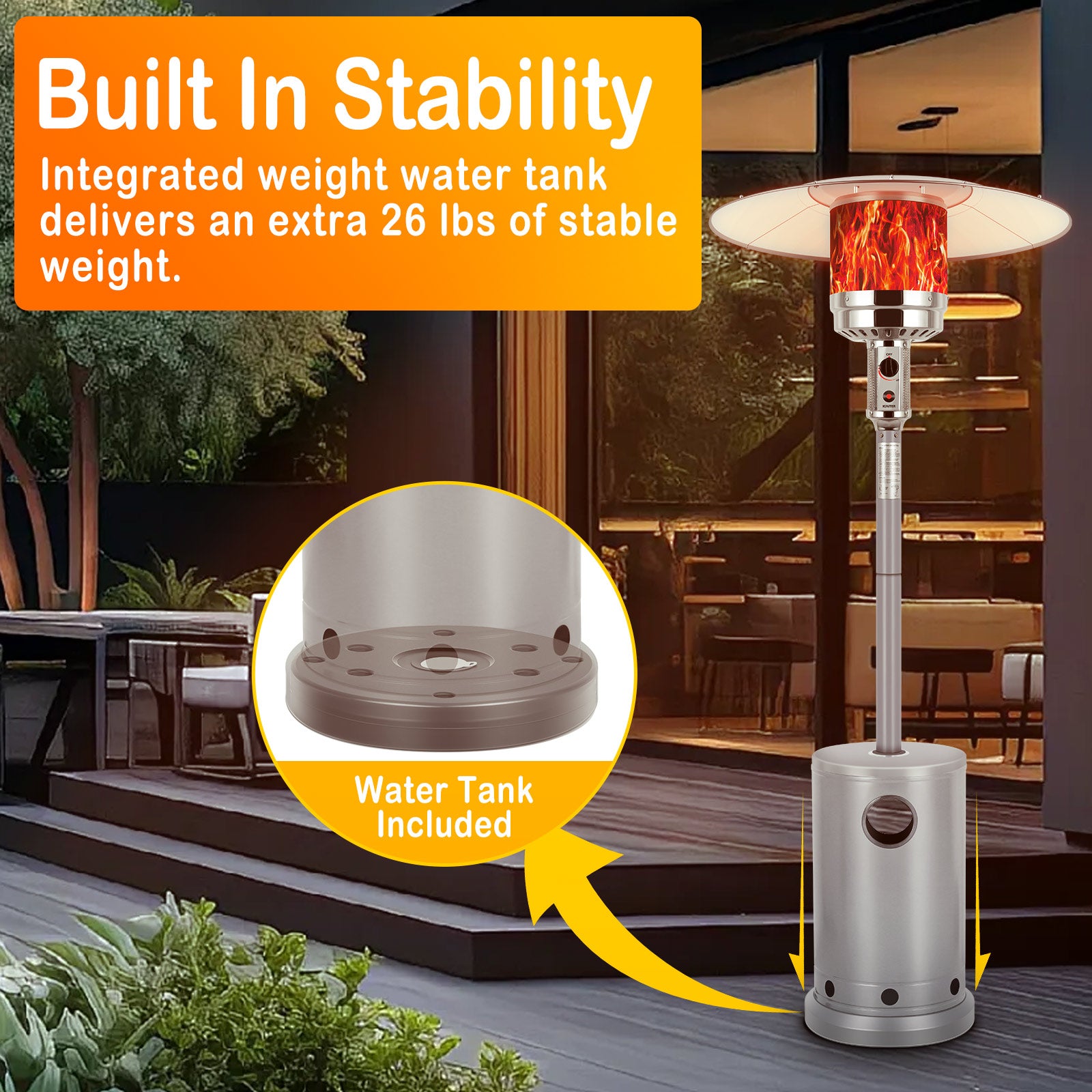 Hykolity 50,000 BTU Patio Heater with Sand Box, Table Design, Double-Layer Stainless Steel Burner, Wheels, Tip-over Protection System, Outdoor Heater for Home and Residential, Silver