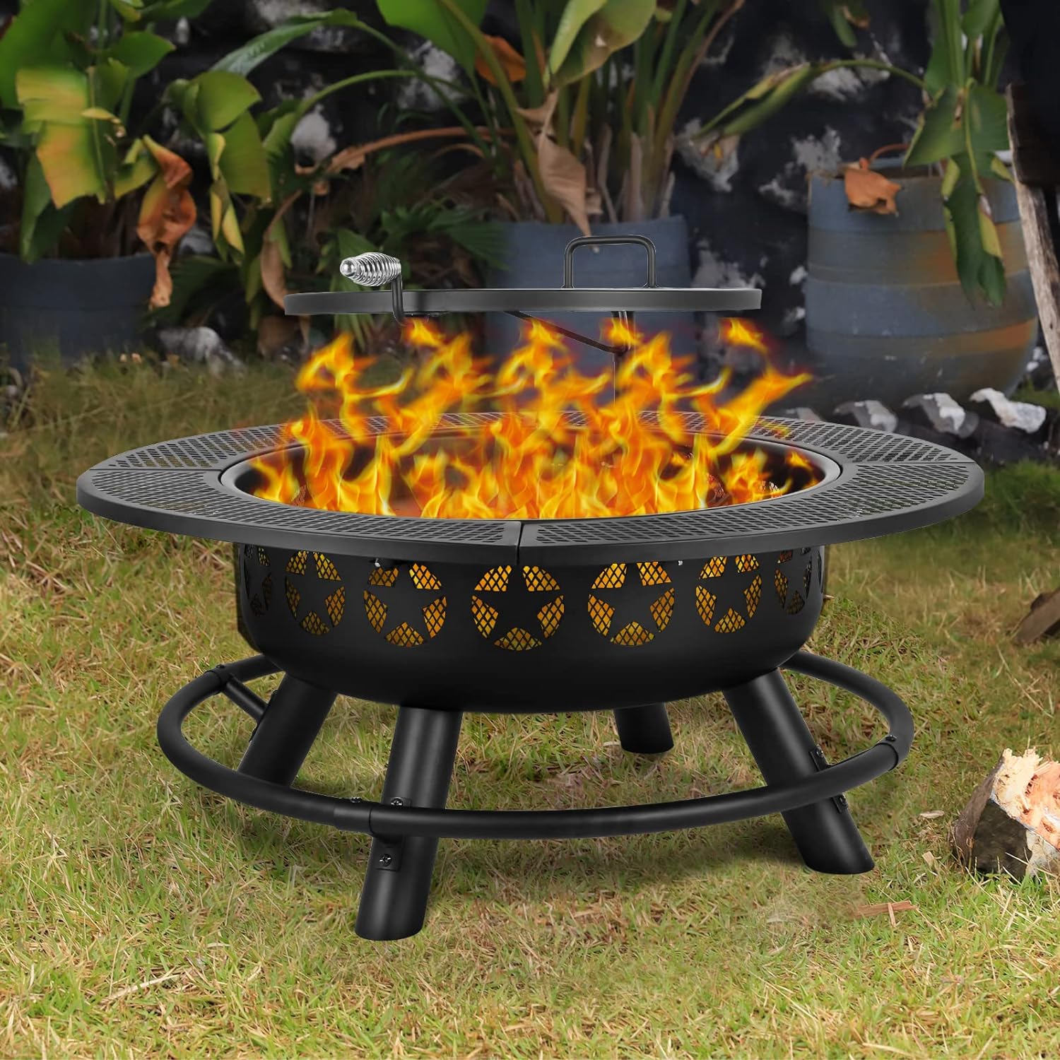 Hykolity 35 Inch Fire Pit with Cooking Grate Charcoal Pan