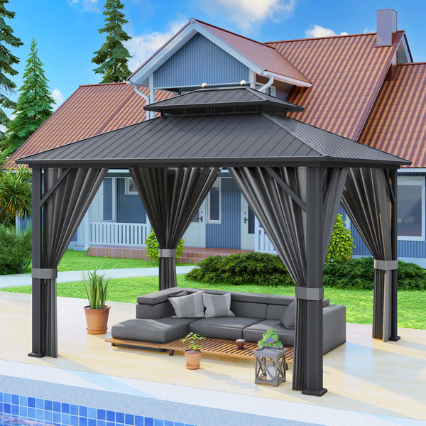 Romswi 10' X 12' Hardtop Gazebo, Aluminum Metal Gazebo with Galvanized Steel Double Roof Canopy, Curtain and Netting, Permanent Gazebo Pavilion for Patio, Backyard, Deck, Lawn (Gray)