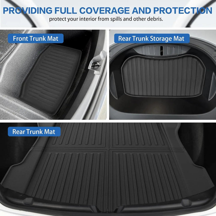 Floor Mats for Tesla Model 3 5-Seat 2021-2023 2022 All Weather TPE Cargo Liner Floor Mats and Cargo Trunk Mats Accessories, Set of 6 Mats WEIZE