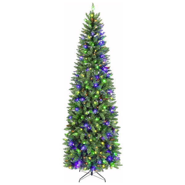 Hykolity 6.5'/7.5'/9' Prelit Pencil Slim Christmas Tree with Color Changing LED Lights, Branch Tips, Metal Stand and Hinged Branches, 10 Color Modes